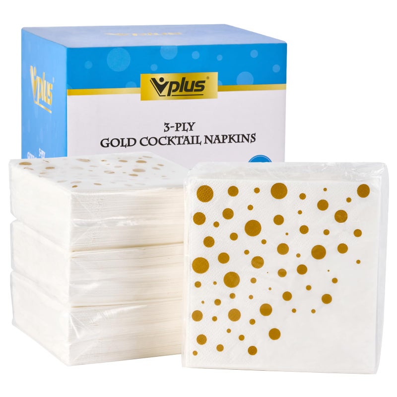 Vplus 200 Pack Cocktail Napkins Paper 3Ply Beverage Napkins Disposable Gold Square Napkins Perfect for Restaurant Event Bar Wedding Baby Shower and Birthday Party